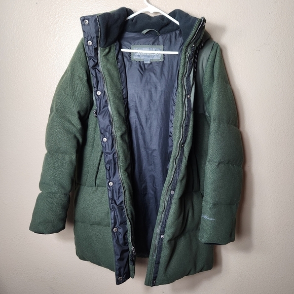 Eddie Bauer Womens Olive Wool Blend Hooded Down Puffer Coat-Size S - Picture 2 of 11